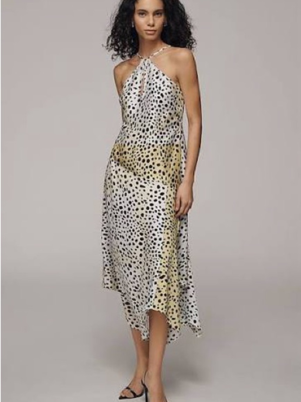 Asymmetrical Halter Midi Dress in Yellow Spot